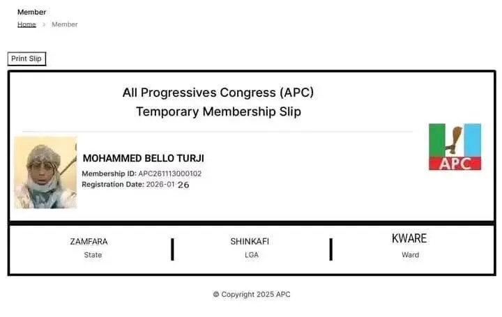 Zamfara APC in Damage Control as Membership Card Linked to Nigeria Terrorist Leader Turji Goes Viral